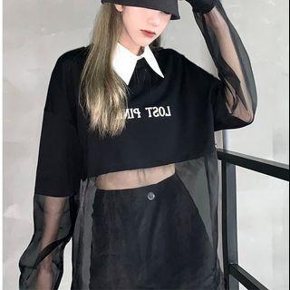 Puff-sleeve Lettering Mesh Panel Polo Shirt