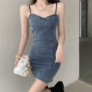 Set: Denim Cropped Jacket + Spaghetti Strap Mini Bodycon Dress