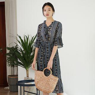 Pleated-detail Pattern Midi Dress