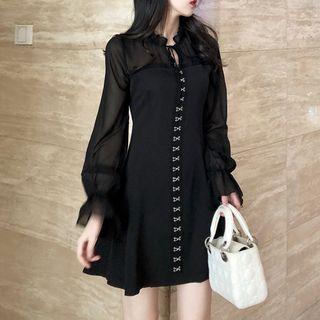 Mesh Panel Long-sleeve Mini A-line Dress