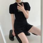 Short-sleeve Drawstring Plain Dress Black - One Size