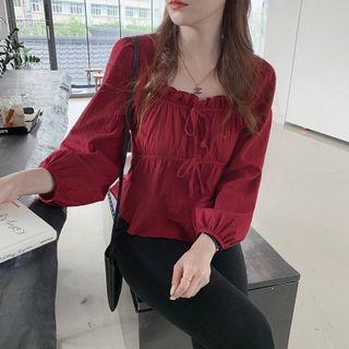 Ruffle Trim Square-neck Shirred Blouse