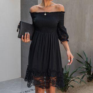 Off-shoulder Elbow-sleeve Lace Trim A-line Dress