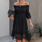 Off-shoulder Elbow-sleeve Lace Trim A-line Dress