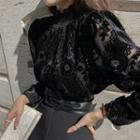 Smock-neck Sheer Lace Cropped Blouse With Belt