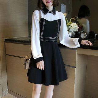 Long-sleeve Contrast Stitch Collar Chiffon Dress