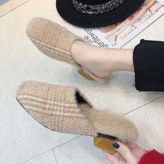 Plaid Chunky-heel Furry Mules