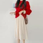 Dotted Long-sleeve Band-waist Midi A-line Dress / Rib-knit Sweater