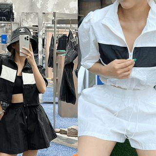 Two-tone Crop Jacket & Shorts Tracksuit Set