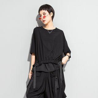Mock Two-piece Elbow-sleeve Buckled T-shirt