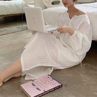 Balloon-sleeve Slit Midi Sleep Dress White - One Size