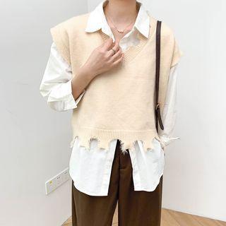 V-neck Plain Ripped Oversize Vest / Plain Oversize Shirt