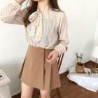 Dot Bow-accent Long-sleeve Blouse