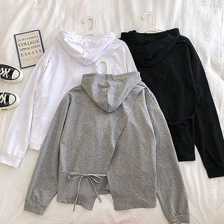 Plain Drawcord Lace-up Long-sleeve Hooded Sweatshirt