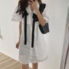 Elbow-sleeve Asymmetric Shirt Dress As Shown In Figure - One Size