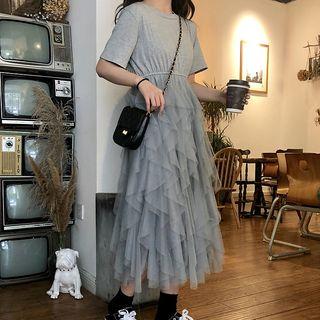 Short-sleeve Mesh Overlay Midi Dress