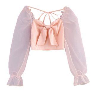Long-sleeve Bow-accent Mesh Panel Top