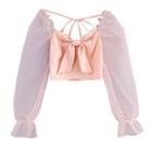 Long-sleeve Bow-accent Mesh Panel Top