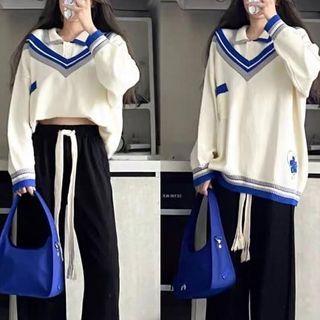 Embroidered Polo Sweater / Wide Leg Pants / Set