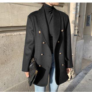Double Breasted Sashed Coat Black - One Size