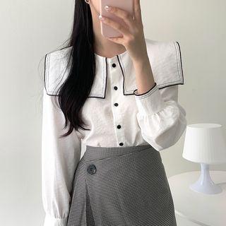 Contrasted Trim Collard Blouse / Gingham Mini A-line Wrap Skirt