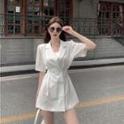 Short-sleeve Double-breasted Pleated Mini A-line Blazer Dress