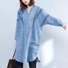 Embroidered Notch-neck Long Shirt Blue - One Size