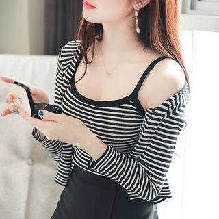 Set: Stripe Cardigan + Sleeveless Top + Ruffle-hem Midi Skirt Black - One Size