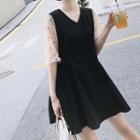 Mesh Panel Puff Sleeve V-neck Pleated A-line Dress