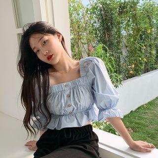 Square Neck Ruffled Cropped Blouse Blue - One Size