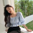 Square Neck Ruffled Cropped Blouse Blue - One Size