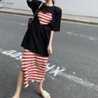 Sleeveless Striped Midi Sheath Dress / Short-sleeve Heart Cut Out T-shirt