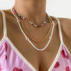 Set: Faux Pearl Bead Choker + Alloy Necklace + Flower Bead Necklace 2321 - Gold - One Size