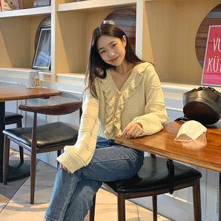 Frill-trim Crop Knit Cardigan