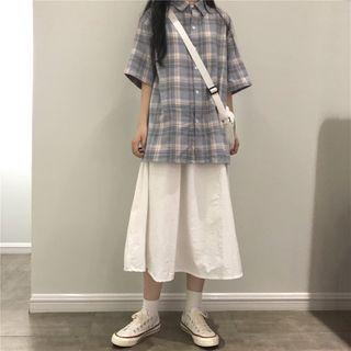 Short-sleeve Plaid Shirt / High-waist Plain Skirt
