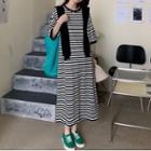 Short-sleeve Striped Midi A-line Dress / Knit Shawl