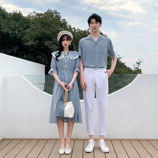 Couple Matching Short-sleeve Collar Midi A-line Dress / Shirt / Tapered Pants