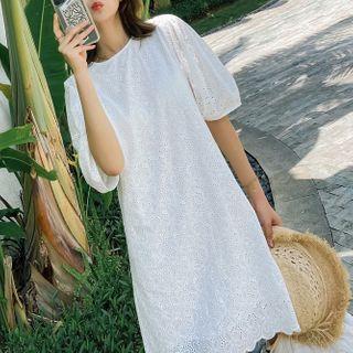 Puff-sleeve Eyelet Lace Mini Shift Dress