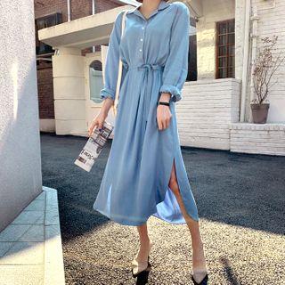Dip-back Half-placket Maxi Shirtdress With Sash