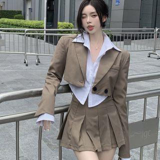 Crop Plain Shirt / Cropped Blazer / Pleated Skirt / Set
