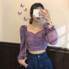 Long-sleeve Floral Chiffon Crop Top Purple - One Size