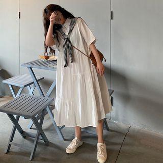 Mock Two-piece Plain Elbow-sleeve Dress White - One Size