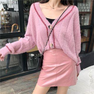Color-block Loose-fit Cardigan / Faux-leather Skirt