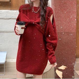 Bow Accent Cutout Mini Sweater Dress
