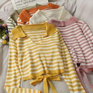 Collared Ribbon-back Crop Knit Top In 9 Colors