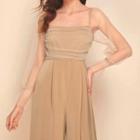 Long-sleeve Mesh Panel Wide-leg Jumpsuit