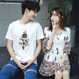 Couple Matching Patterned Short-sleeve T-shirt / Chiffon Dress