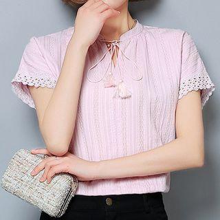 Tasseled Tie Front Short Sleeve Top