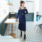 Cold-shoulder Long-sleeve Midi A-line Denim Dress