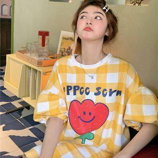 Short-sleeve Cartoon Print Plaid Tunic Dress